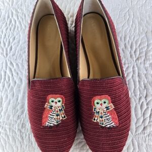 Talbots Owl Embroidered Corduroy Loafers - Maroon New Leather Soles 8.5
